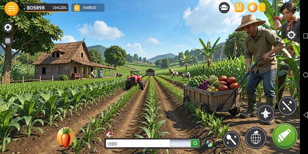 Tampilan gameplay <strong>BOS898</strong> yang menampilkan aktivitas bertani yang seru.