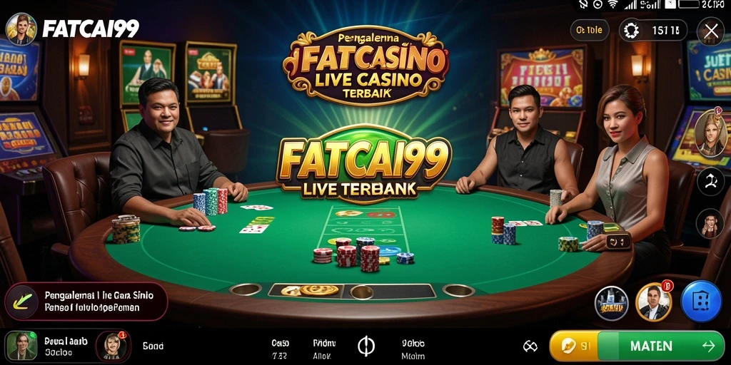 Screenshot gameplay FATCAI99 dengan dealer live dan suasana kasino.