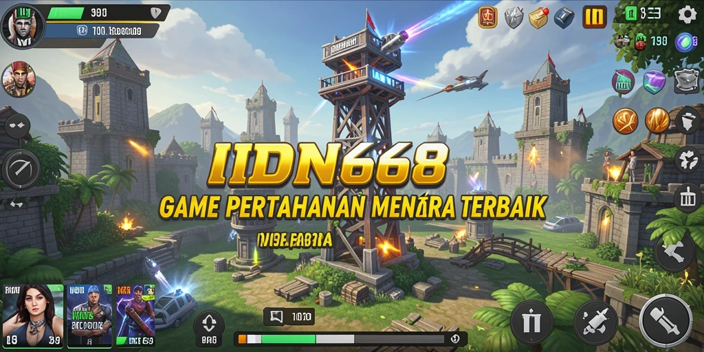 Tampilan gameplay seru dalam IDN668 dengan menara dan strategi pertahanan.