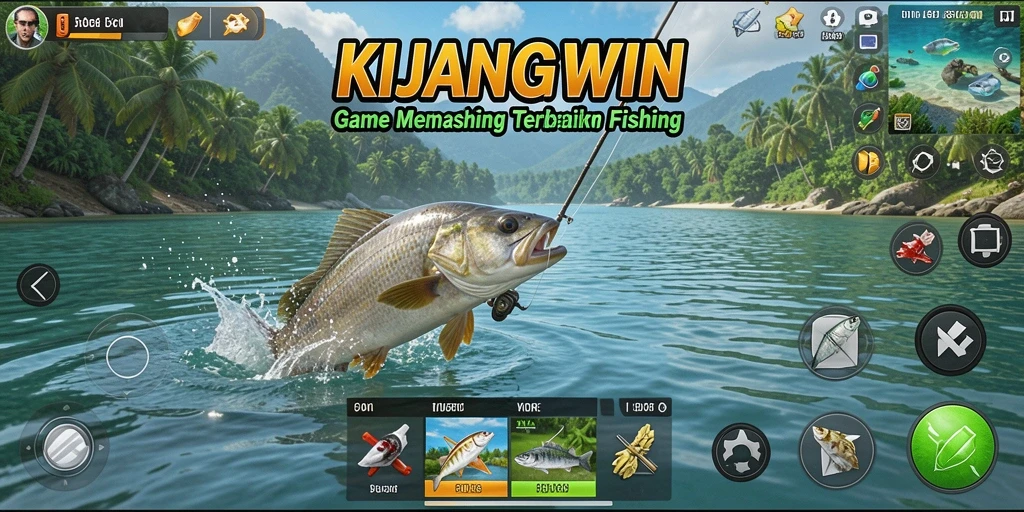 Screenshot utama KIJANGWIN menampilkan aksi seru memancing di berbagai lokasi.